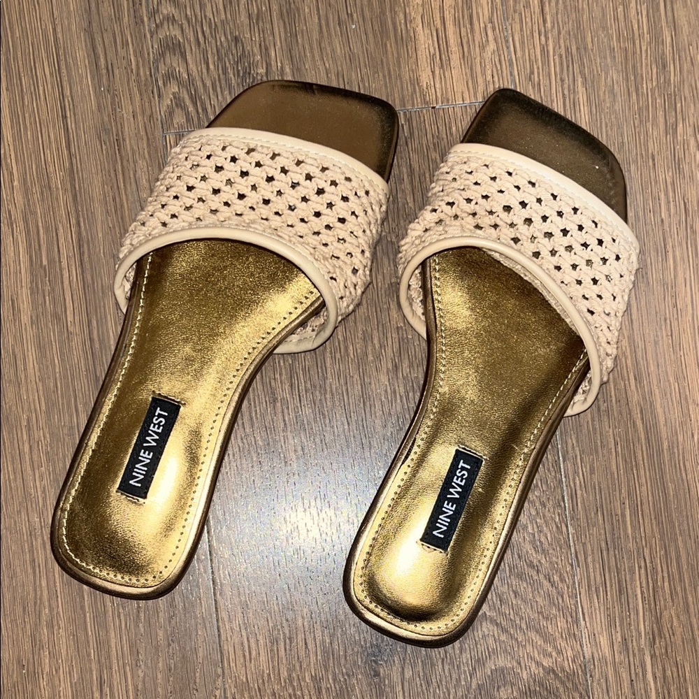 Nine West Woven Cream and Gold Slide Sandals